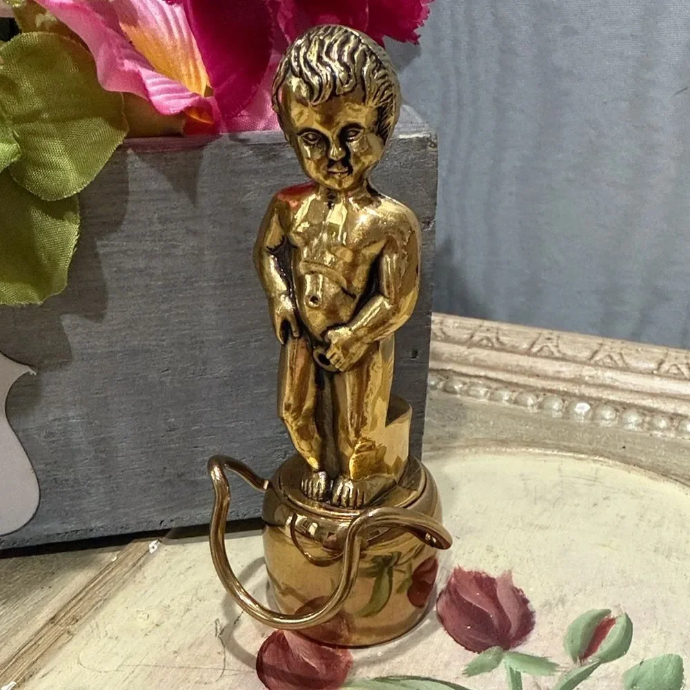 Vintage Heavy Brass Little Boy Bottle Stopper Pour Spout Risqué Whimsical